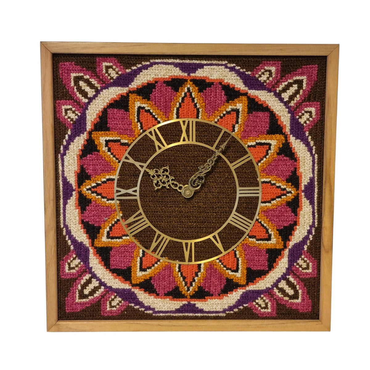 1960s Swedish Textile Wall Clock – Mid Century Needlepoint Clock – Scandinavian Fiber Art – Tvistsöm Teak Wall Decor