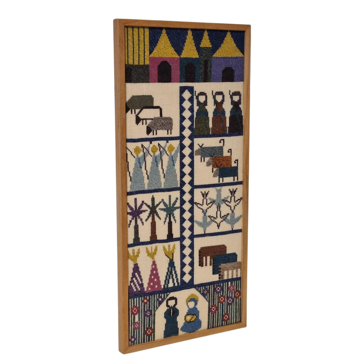 Scandinavian Village Life Needlepoint Wall Art – Vintage Swedish Mid Century Textile with Folk Figures, Animals & Houses