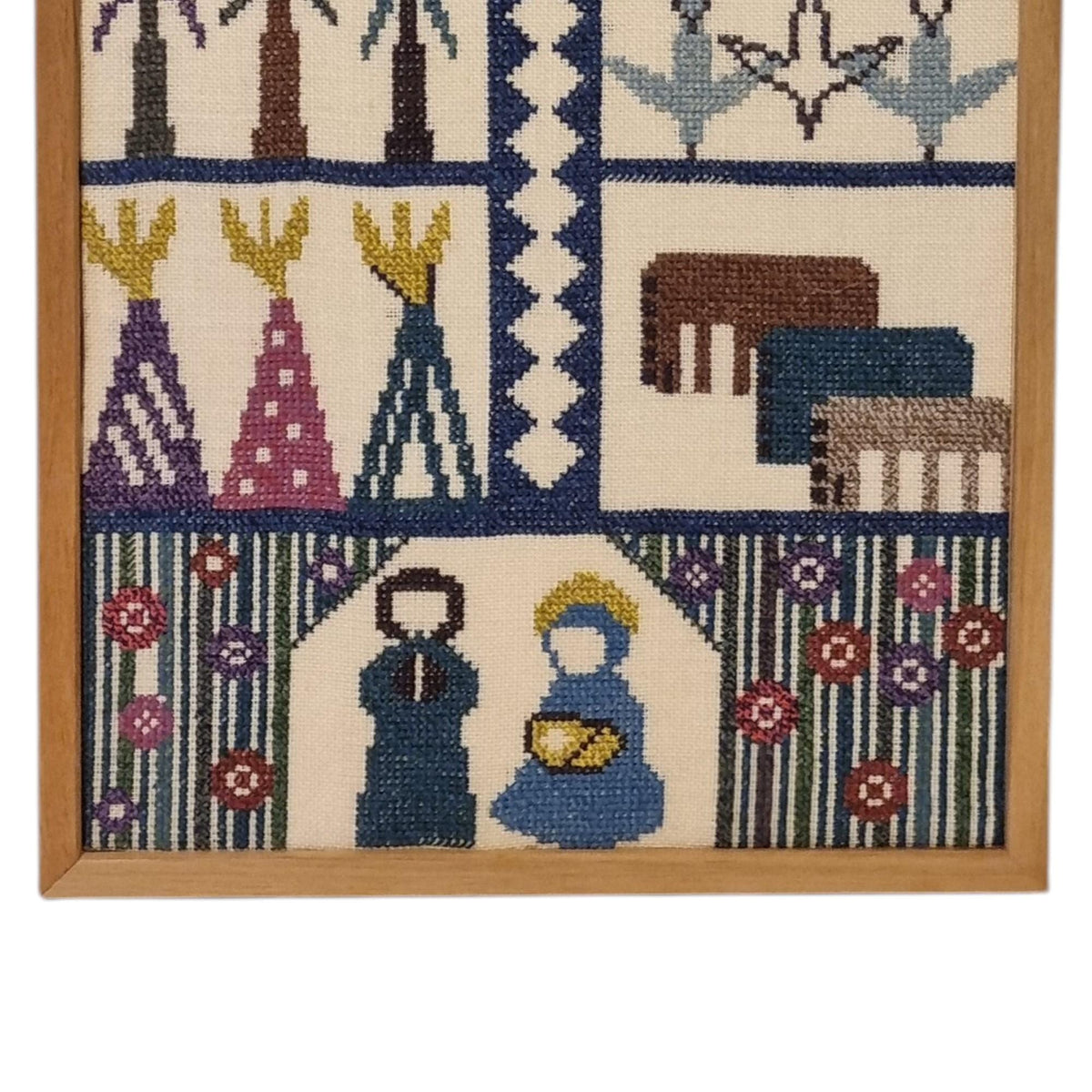 Scandinavian Village Life Needlepoint Wall Art – Vintage Swedish Mid Century Textile with Folk Figures, Animals & Houses
