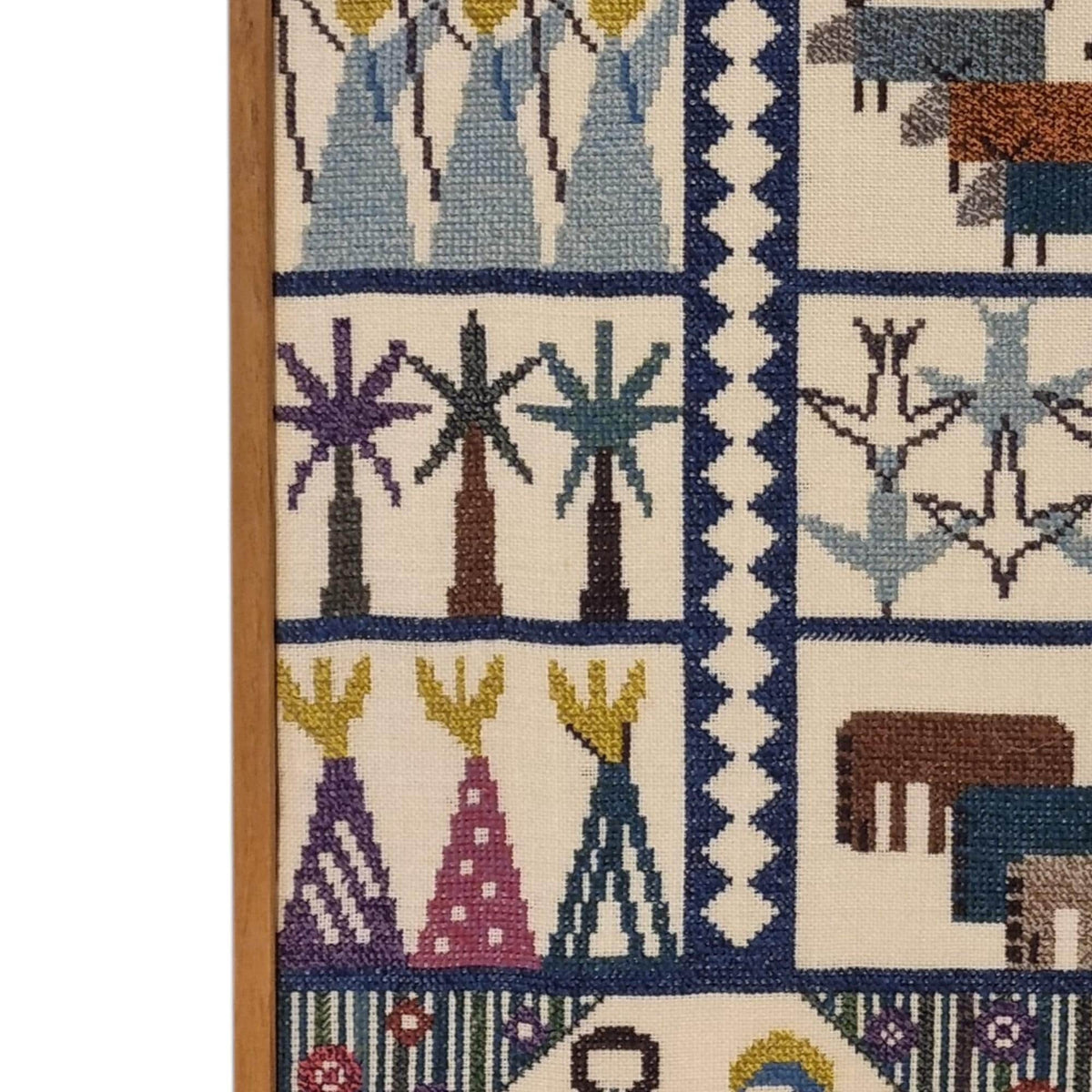 Scandinavian Village Life Needlepoint Wall Art – Vintage Swedish Mid Century Textile with Folk Figures, Animals & Houses