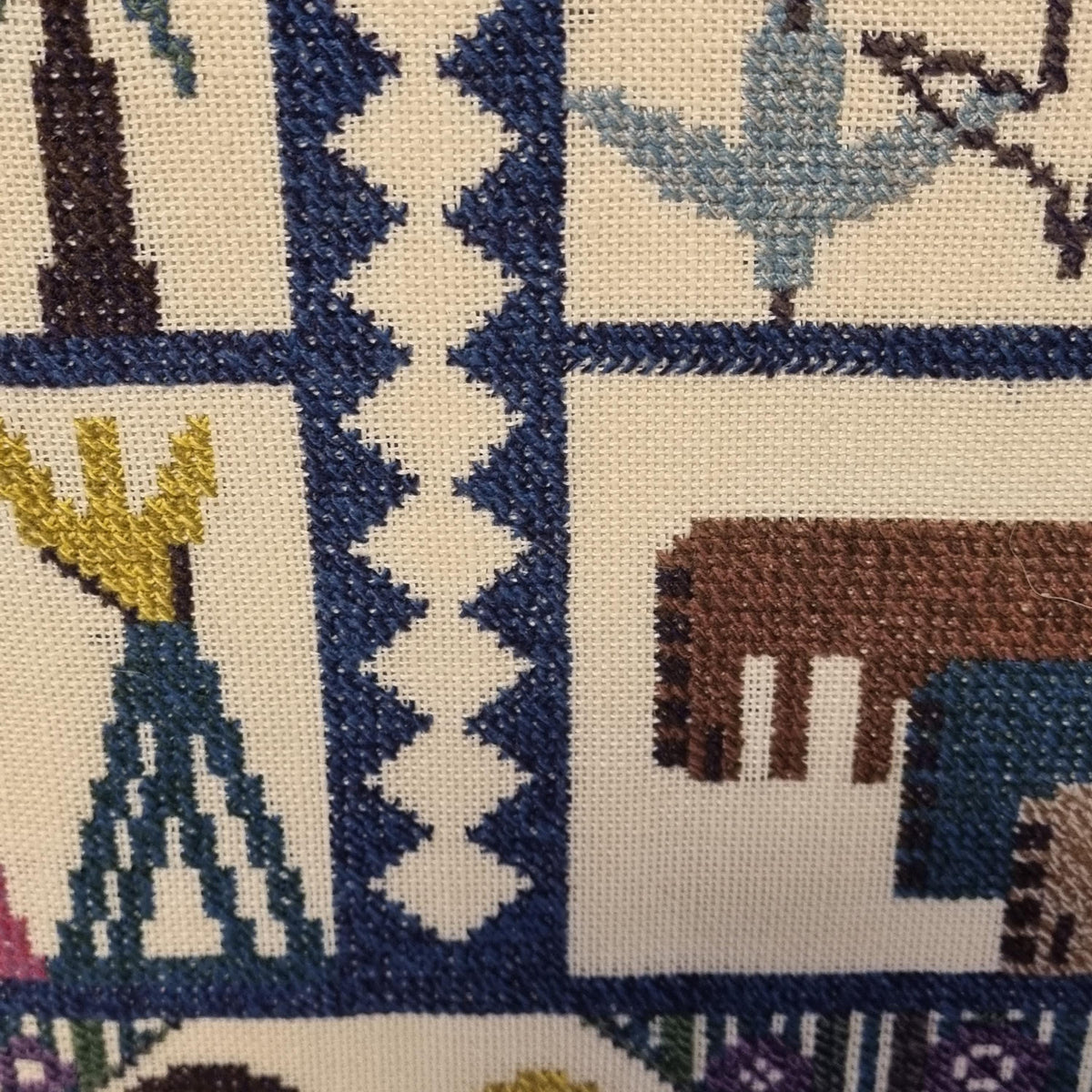 Scandinavian Village Life Needlepoint Wall Art – Vintage Swedish Mid Century Textile with Folk Figures, Animals & Houses