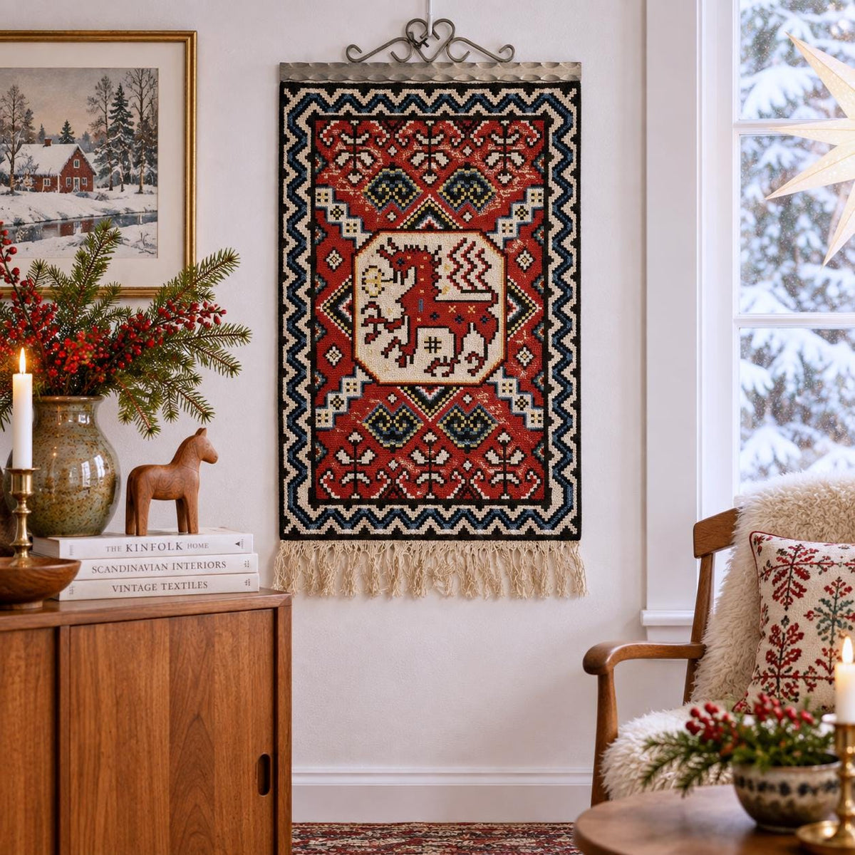 Red Winged Horse Needlepoint Wall Hanging – Swedish Folk Art Textile – Vintage Scandinavian Tvistsöm Tapestry with Metal Hanger