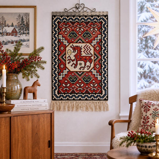 Red Winged Horse Needlepoint Wall Hanging – Swedish Folk Art Textile – Vintage Scandinavian Tvistsöm Tapestry with Metal Hanger