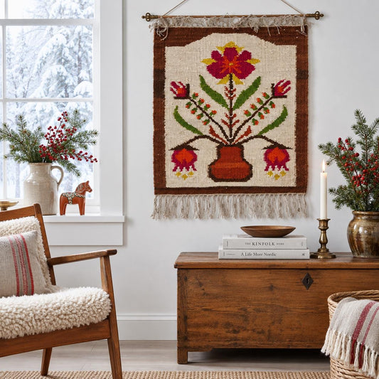 Bold Floral Swedish Kilim – Handwoven Wool Rölakan Tapestry – Scandinavian Mid Century Flower Vase Wall Hanging