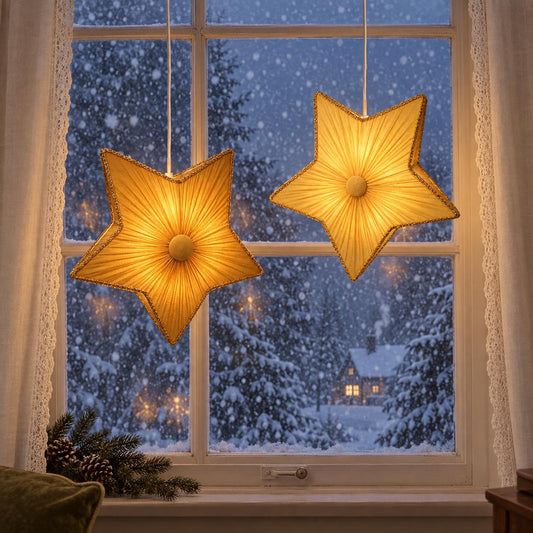 Gold Silk Christmas Star Lights, Pair of 1960s Vintage Window Lamps, Scandinavian Christmas Decor, Cottagecore Holiday