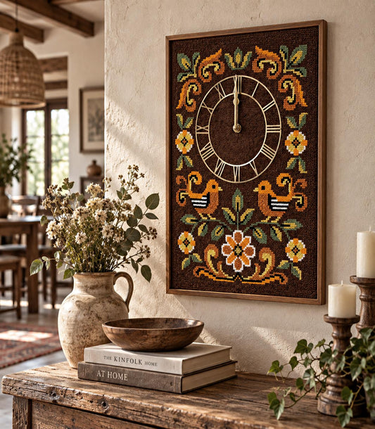 Embroidered Wall Clock, Hand Stitched Folk Art Birds Flowers, Swedish Scandinavian Needlepoint, Working Battery Clock