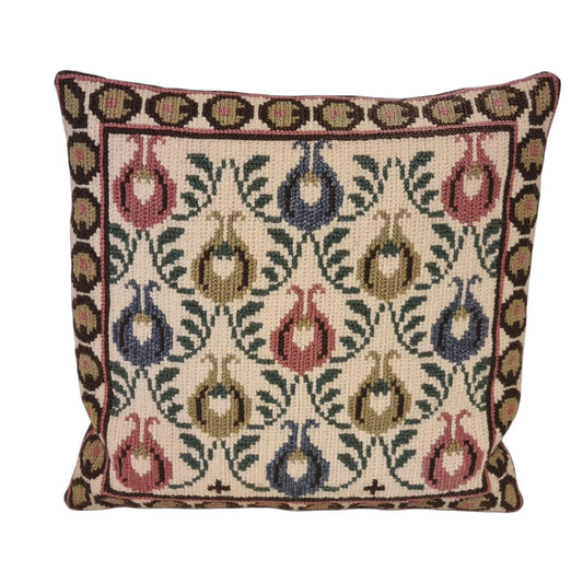 Vintage Scandinavian Hand Embroidered Pillow – Swedish Floral Needlepoint Cushion 40 × 40 cm