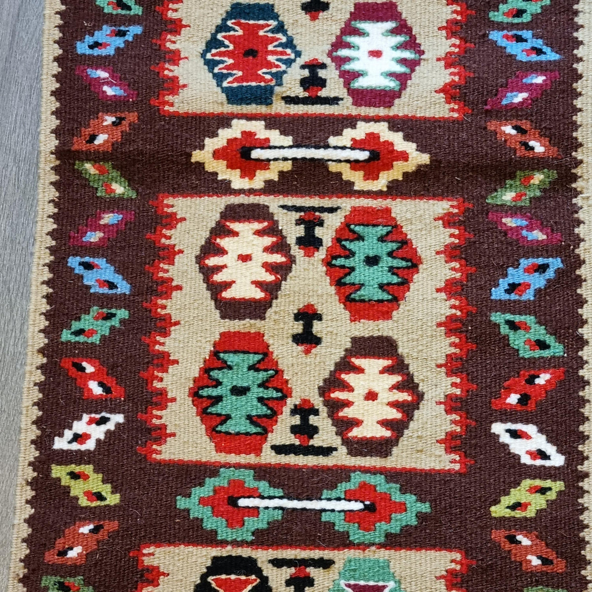 Vintage Handwoven Kilim Table Runner – Geometric Folk Art Textile – Rustic Woven Runner 82 × 30 cm
