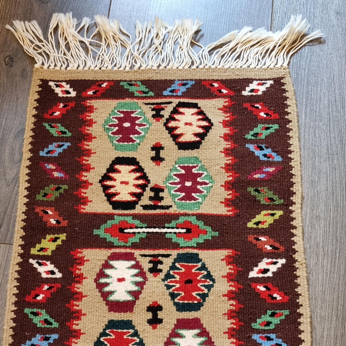 Vintage Handwoven Kilim Table Runner – Geometric Folk Art Textile – Rustic Woven Runner 82 × 30 cm