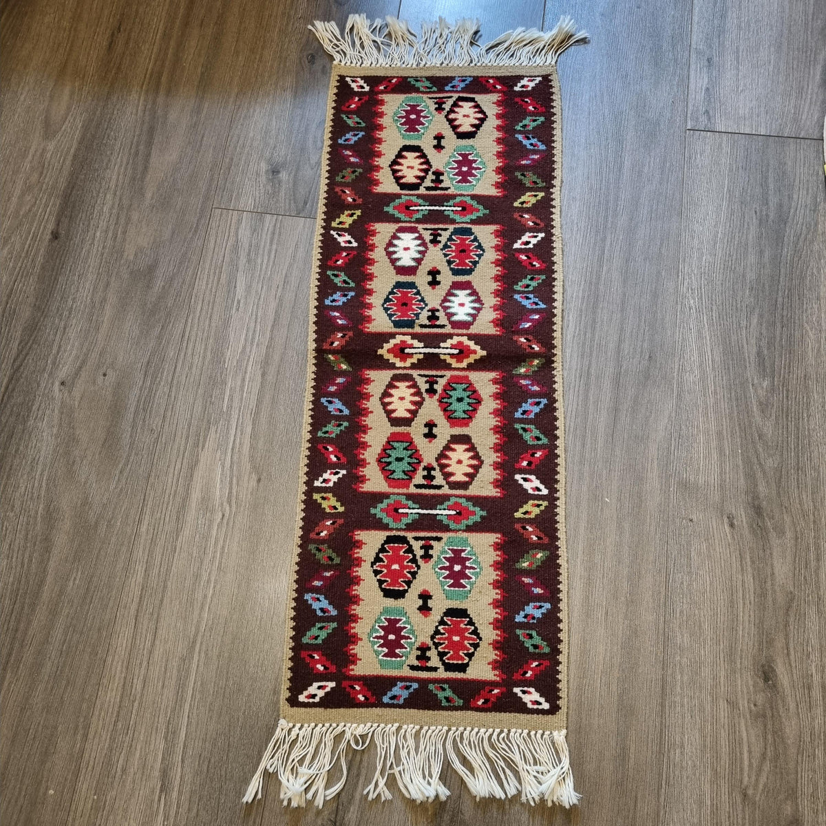 Vintage Handwoven Kilim Table Runner – Geometric Folk Art Textile – Rustic Woven Runner 82 × 30 cm