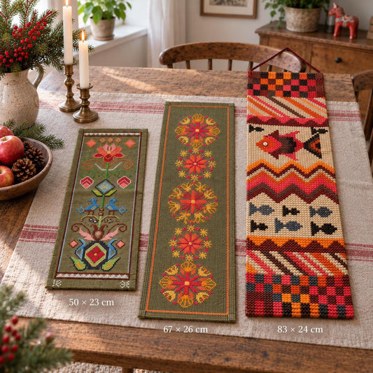 Set of 3 Vintage Embroidered Wall Hangings – Mid Century Folk Art Textile Decor