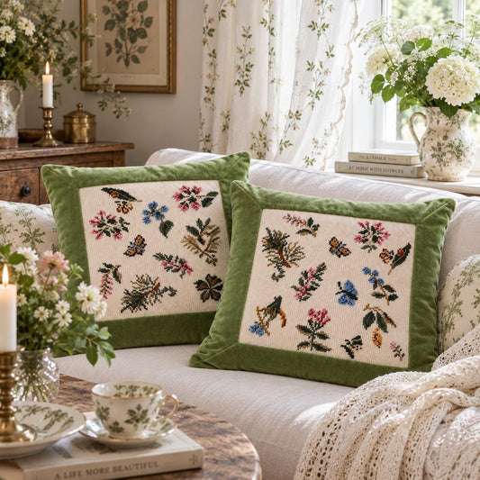 Vintage IKEA Butterfly Floral Pillow Covers Set – 1990s Swedish Cross Stitch Cushions, Green Cottagecore Scandinavian Decor