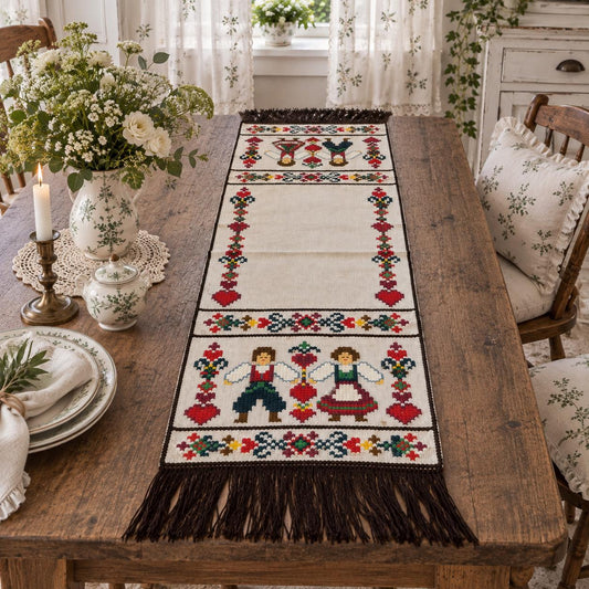 Vintage Scandinavian Embroidered Table Runner – Swedish Folk Art Textile 110 × 38 cm
