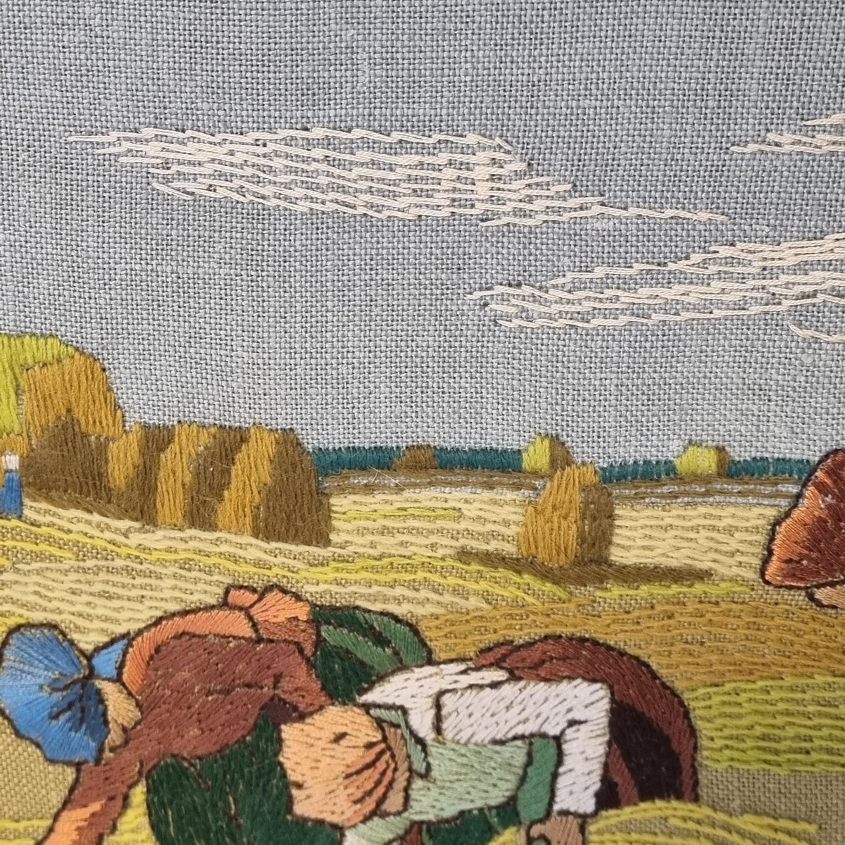 Vintage Scandinavian Harvest Embroidery Wall Art – Hand Stitched Mid Century Textile in Teak Frame, Swedish Nordic Fiber Art