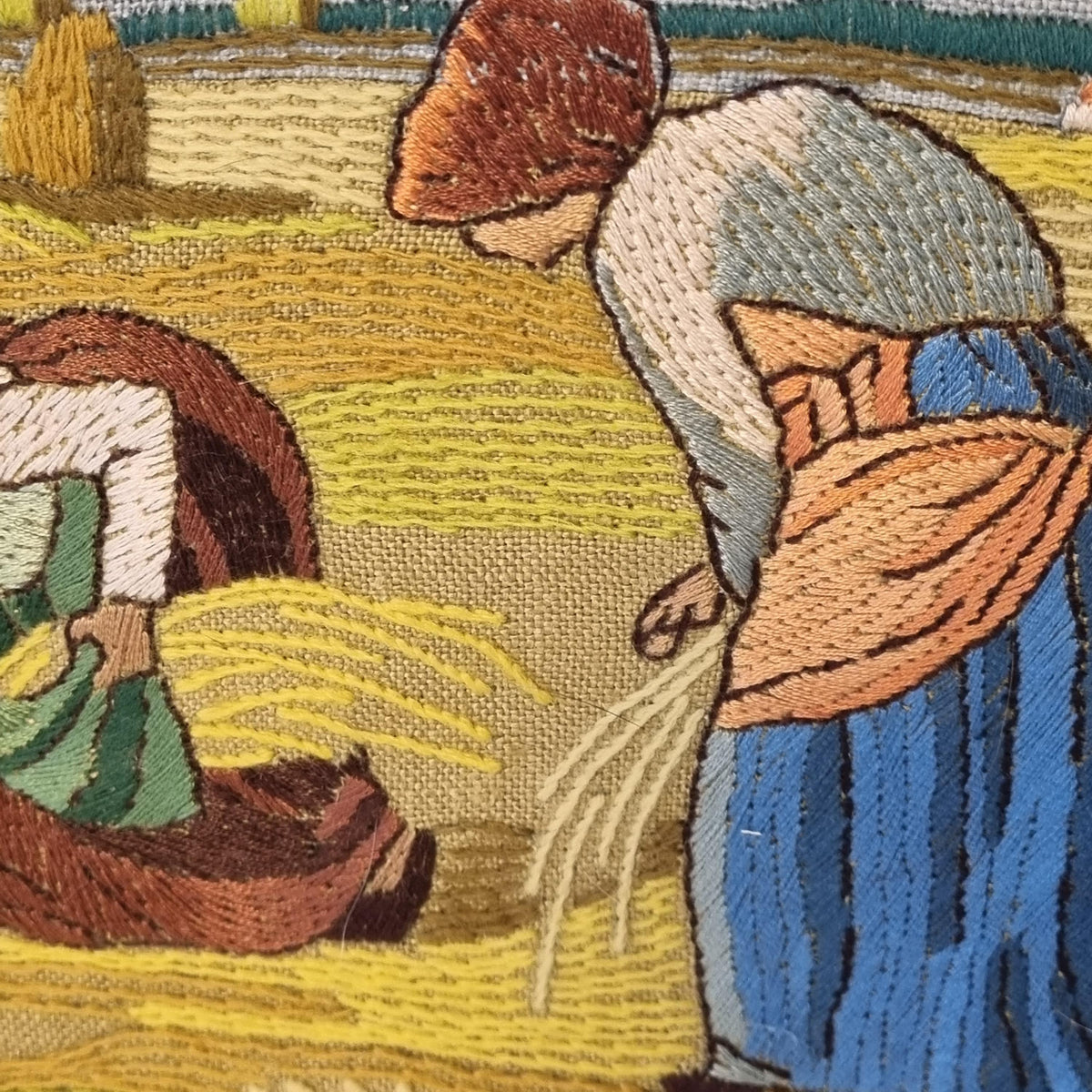 Vintage Scandinavian Harvest Embroidery Wall Art – Hand Stitched Mid Century Textile in Teak Frame, Swedish Nordic Fiber Art