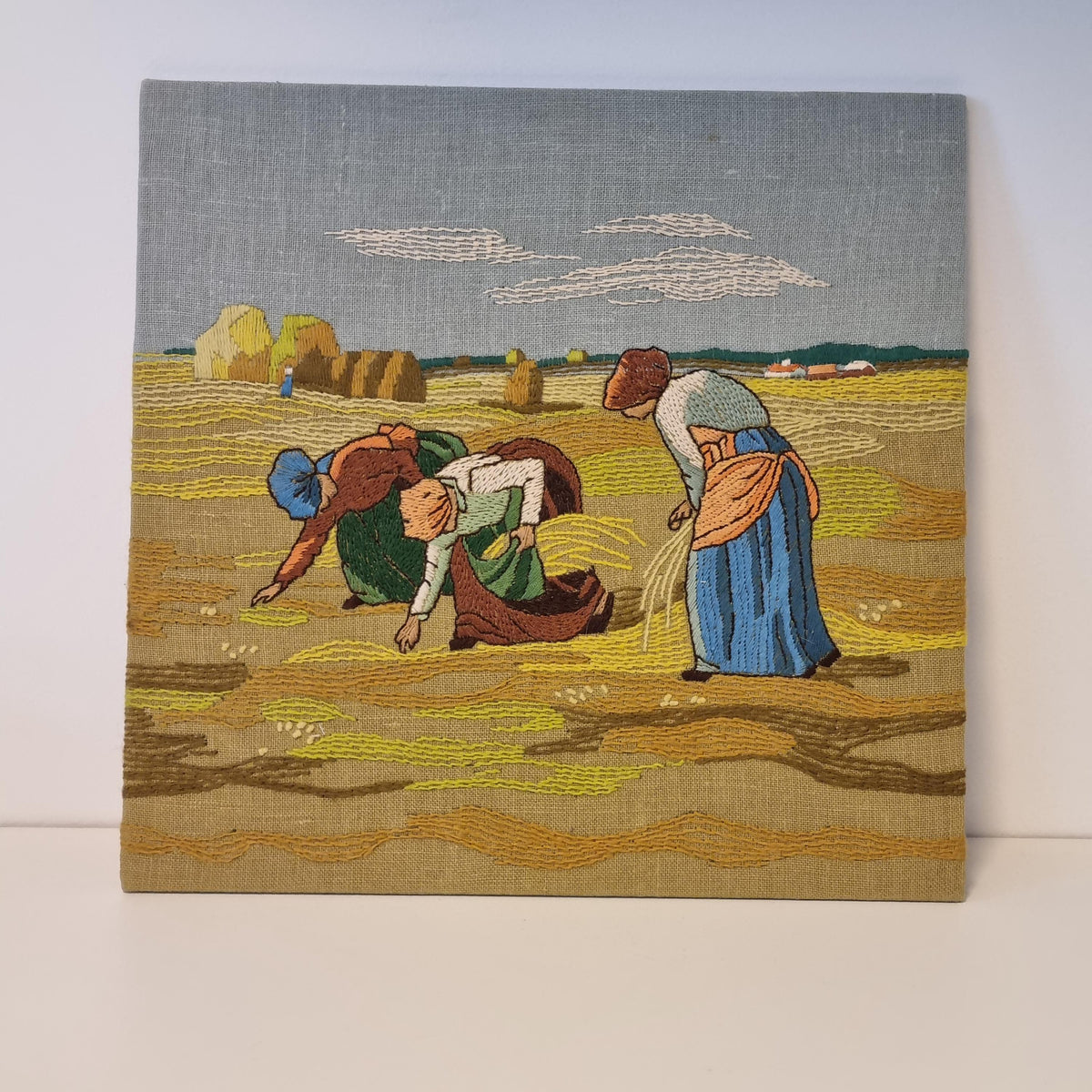 Vintage Scandinavian Harvest Embroidery Wall Art – Hand Stitched Mid Century Textile in Teak Frame, Swedish Nordic Fiber Art