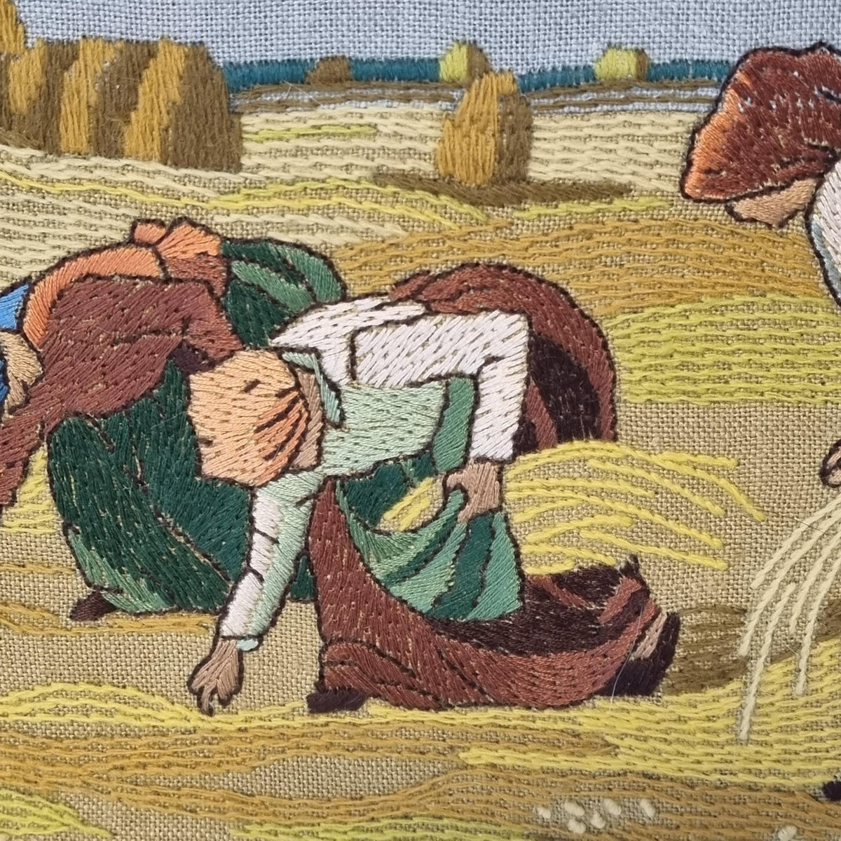 Vintage Scandinavian Harvest Embroidery Wall Art – Hand Stitched Mid Century Textile in Teak Frame, Swedish Nordic Fiber Art