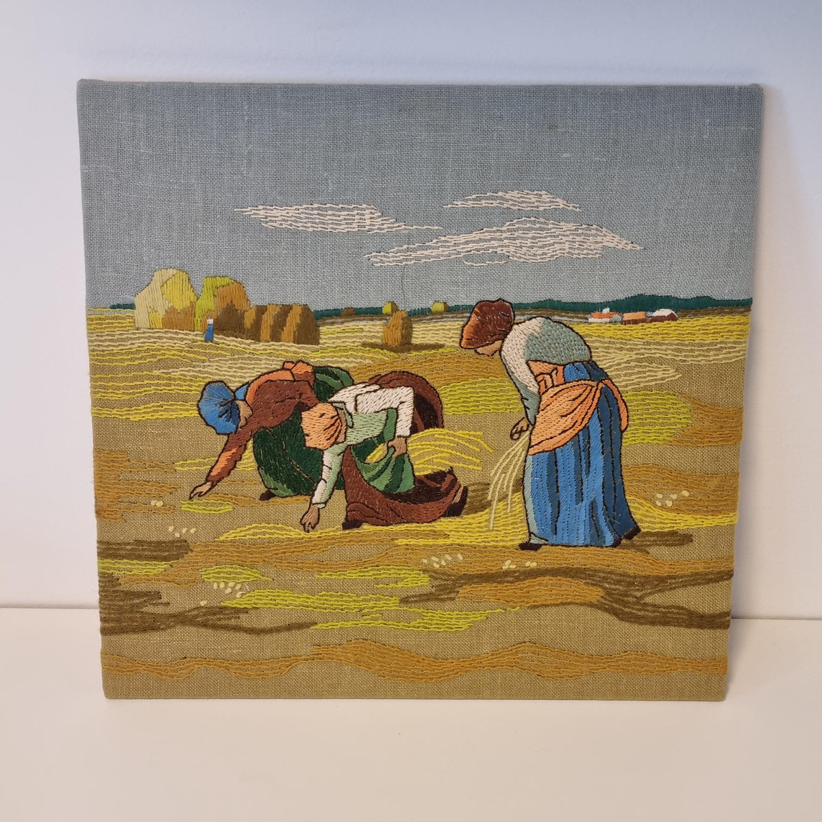 Vintage Scandinavian Harvest Embroidery Wall Art – Hand Stitched Mid Century Textile in Teak Frame, Swedish Nordic Fiber Art