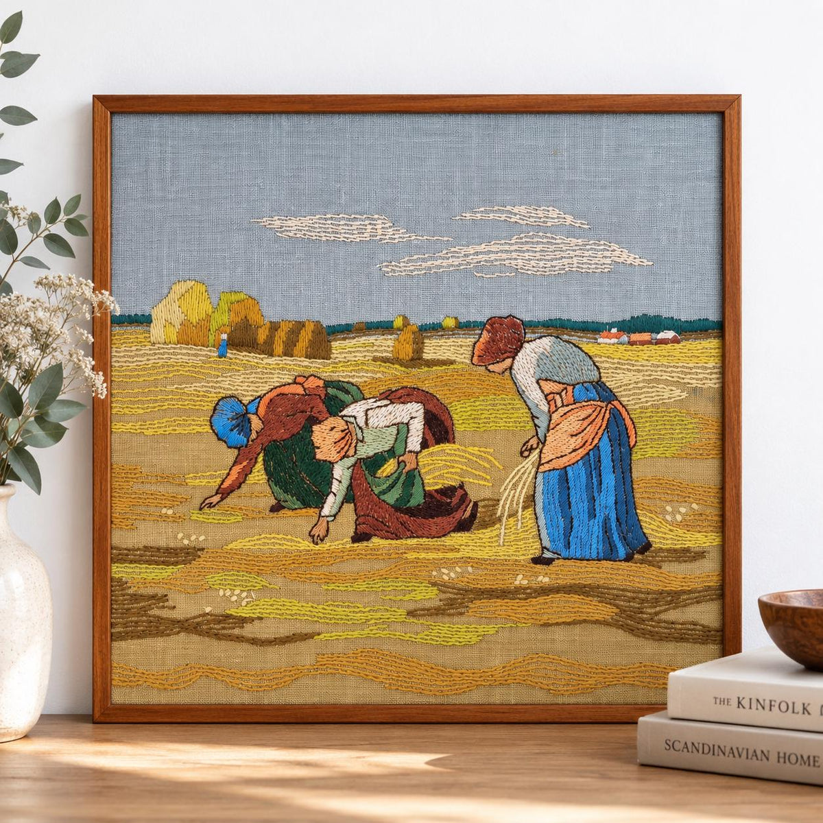 Vintage Scandinavian Harvest Embroidery Wall Art – Hand Stitched Mid Century Textile in Teak Frame, Swedish Nordic Fiber Art