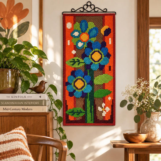 Vintage Scandinavian Wall Art | 1970s Floral Needlepoint Wall Hanging, Swedish Retro Textile Art, Blue Orange Flowers
