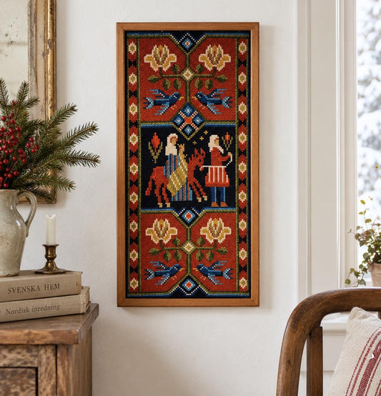 Vintage Swedish Tvistsöm Wall Art in Solid Teak Frame – Scandinavian Folk Needlepoint Tapestry – Rustic Cottagecore Textile Art