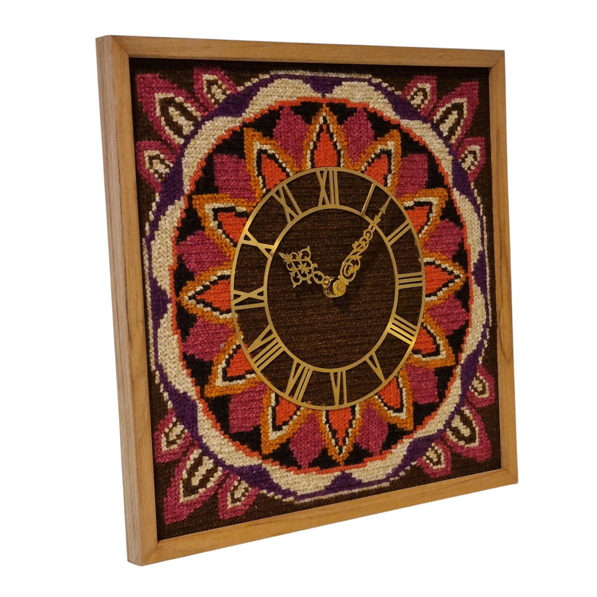 1960s Swedish Textile Wall Clock – Mid Century Needlepoint Clock – Scandinavian Fiber Art – Tvistsöm Teak Wall Decor