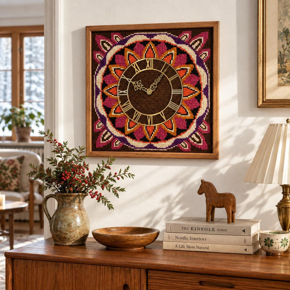 1960s Swedish Textile Wall Clock – Mid Century Needlepoint Clock – Scandinavian Fiber Art – Tvistsöm Teak Wall Decor