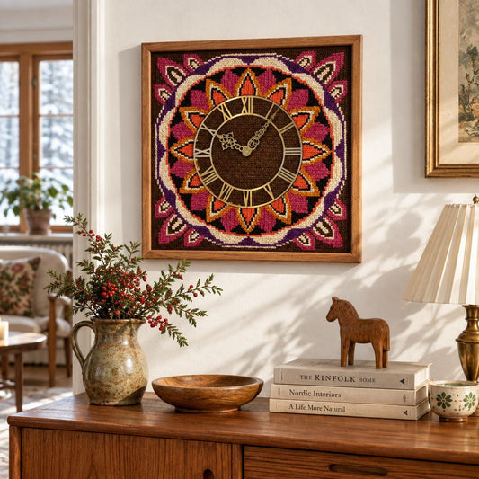 1960s Swedish Textile Wall Clock – Mid Century Needlepoint Clock – Scandinavian Fiber Art – Tvistsöm Teak Wall Decor