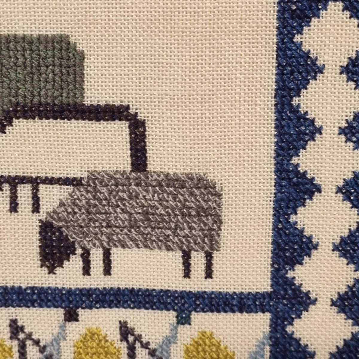 Scandinavian Village Life Needlepoint Wall Art – Vintage Swedish Mid Century Textile with Folk Figures, Animals & Houses