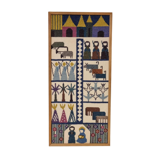 Scandinavian Village Life Needlepoint Wall Art – Vintage Swedish Mid Century Textile with Folk Figures, Animals & Houses