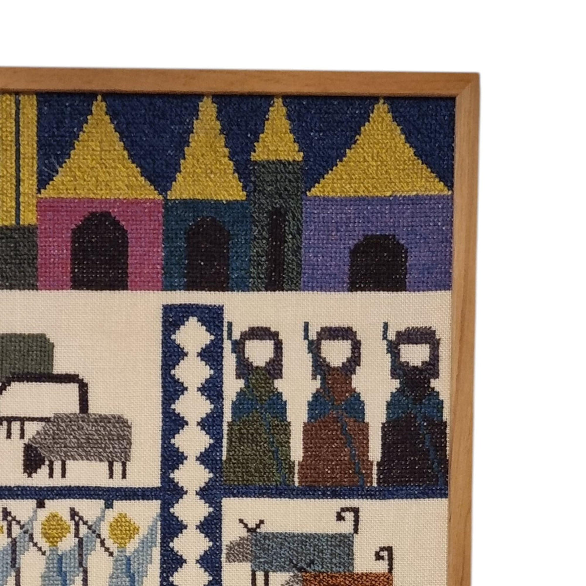 Scandinavian Village Life Needlepoint Wall Art – Vintage Swedish Mid Century Textile with Folk Figures, Animals & Houses