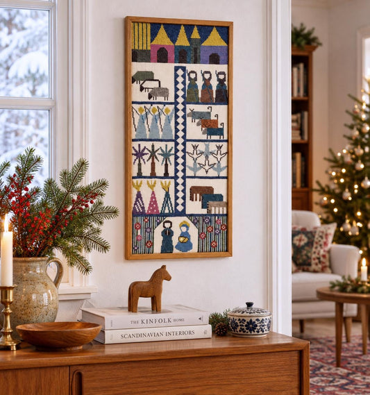 Scandinavian Village Life Needlepoint Wall Art – Vintage Swedish Mid Century Textile with Folk Figures, Animals & Houses