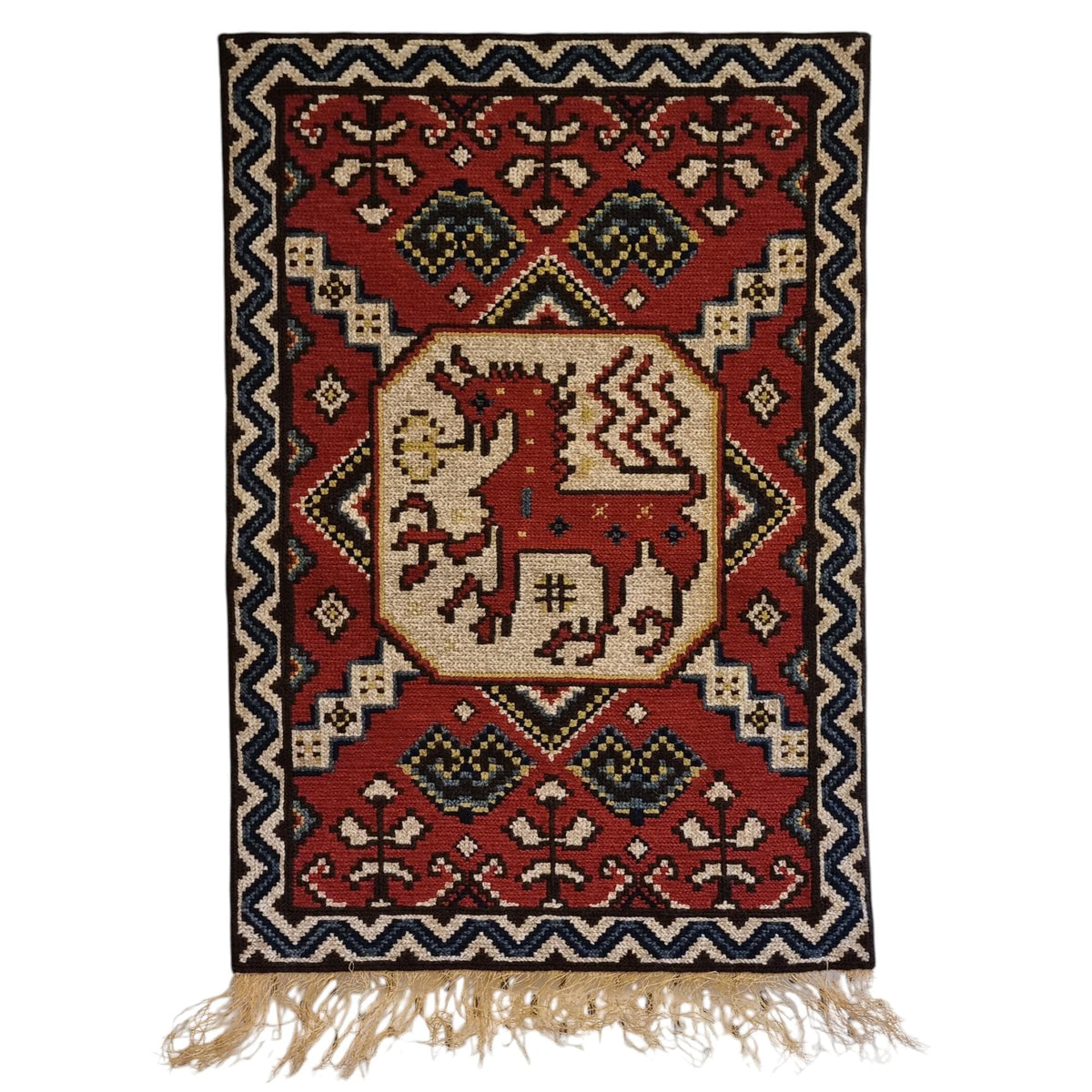 Red Winged Horse Needlepoint Wall Hanging – Swedish Folk Art Textile – Vintage Scandinavian Tvistsöm Tapestry with Metal Hanger