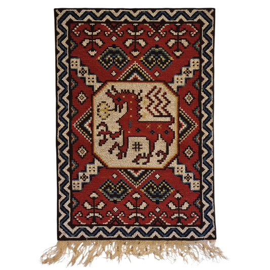 Red Winged Horse Needlepoint Wall Hanging – Swedish Folk Art Textile – Vintage Scandinavian Tvistsöm Tapestry with Metal Hanger