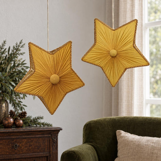 Gold Silk Christmas Star Lights, Pair of 1960s Vintage Window Lamps, Scandinavian Christmas Decor, Cottagecore Holiday