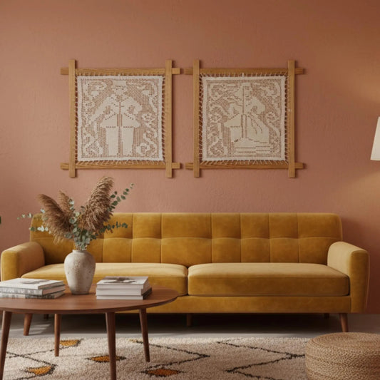 Vintage Scandinavian Crochet Sample from the 1960s - Retro Scandinavian Craft displayed as wall art above mustard sofa in cozy living room