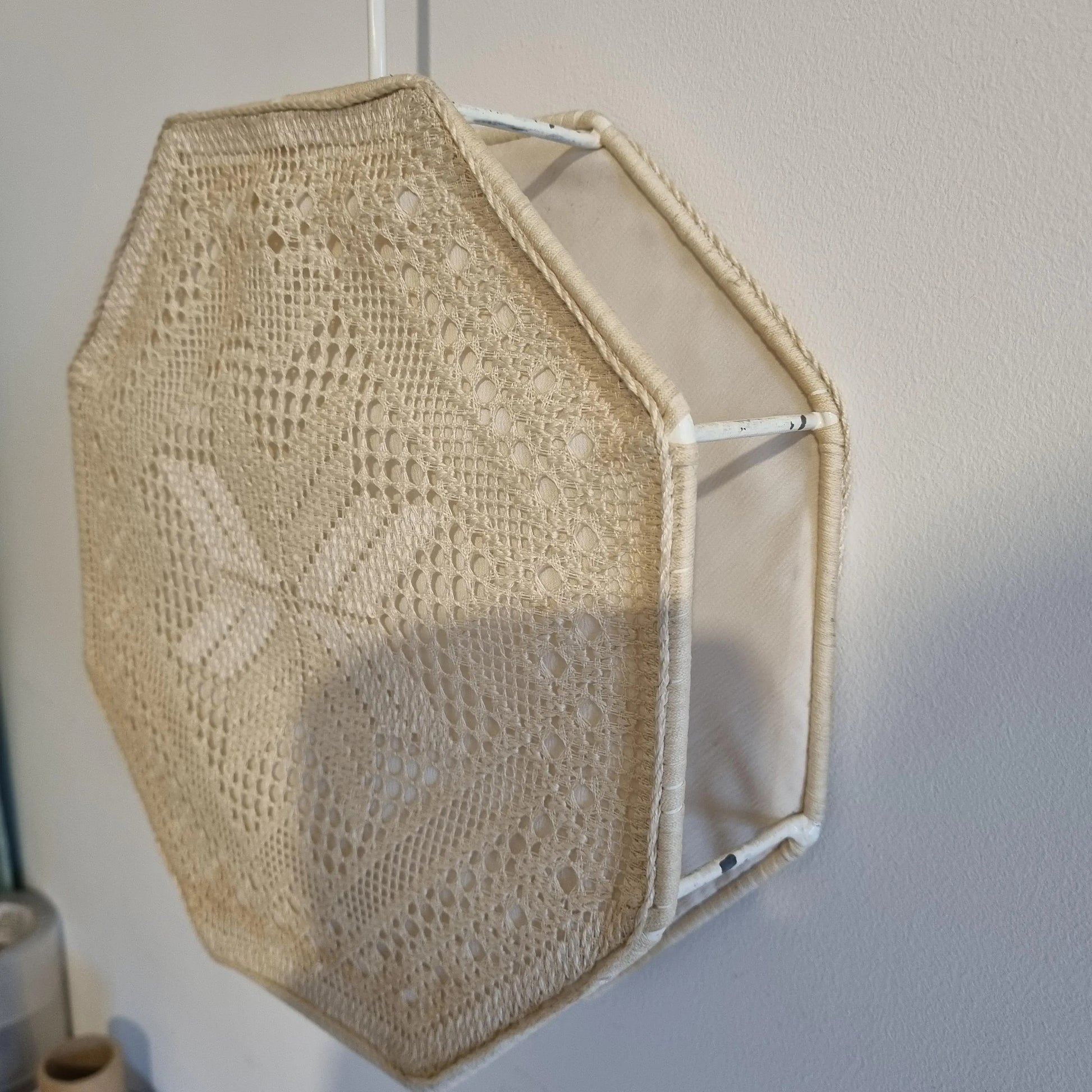 Vintage Swedish Crochet Pendant Lamps – Boho Lace Ceiling Lights, Set of 2 with authentic vintage timeless charm in cream tone