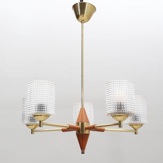 Mid-Century Modern Scandinavian Brass & Teak Chandelier – Textured Glass Shades, 1950s–60s, authentic vintage, timeless charm