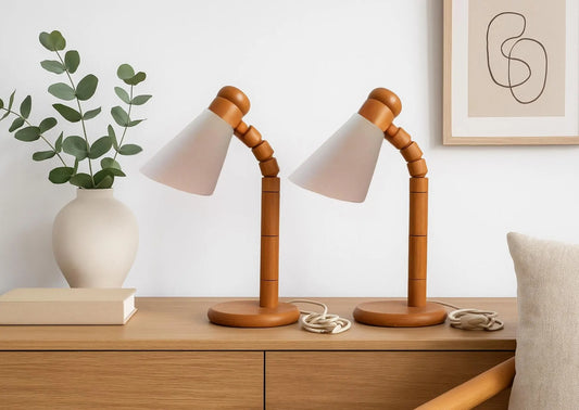 Vintage SOLBACKEN Pine Table Lamps – Mid-Century Scandinavian Bedside Lights, Pair with timeless charm and authentic vintage appeal