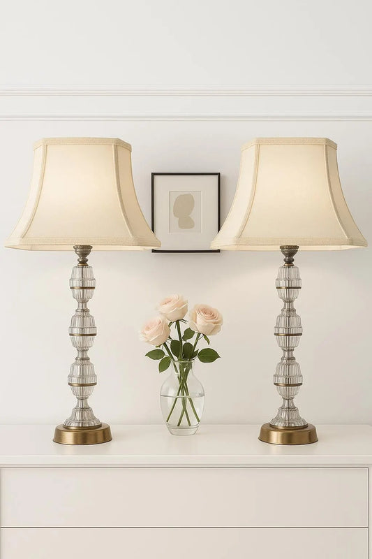 Signed Carl Fagerlund Table Lamp Pair – Orrefors Crystal & Brass, Original Shades, Swedish Mid-Century (1960s), Timeless Charm, Authentic vintage