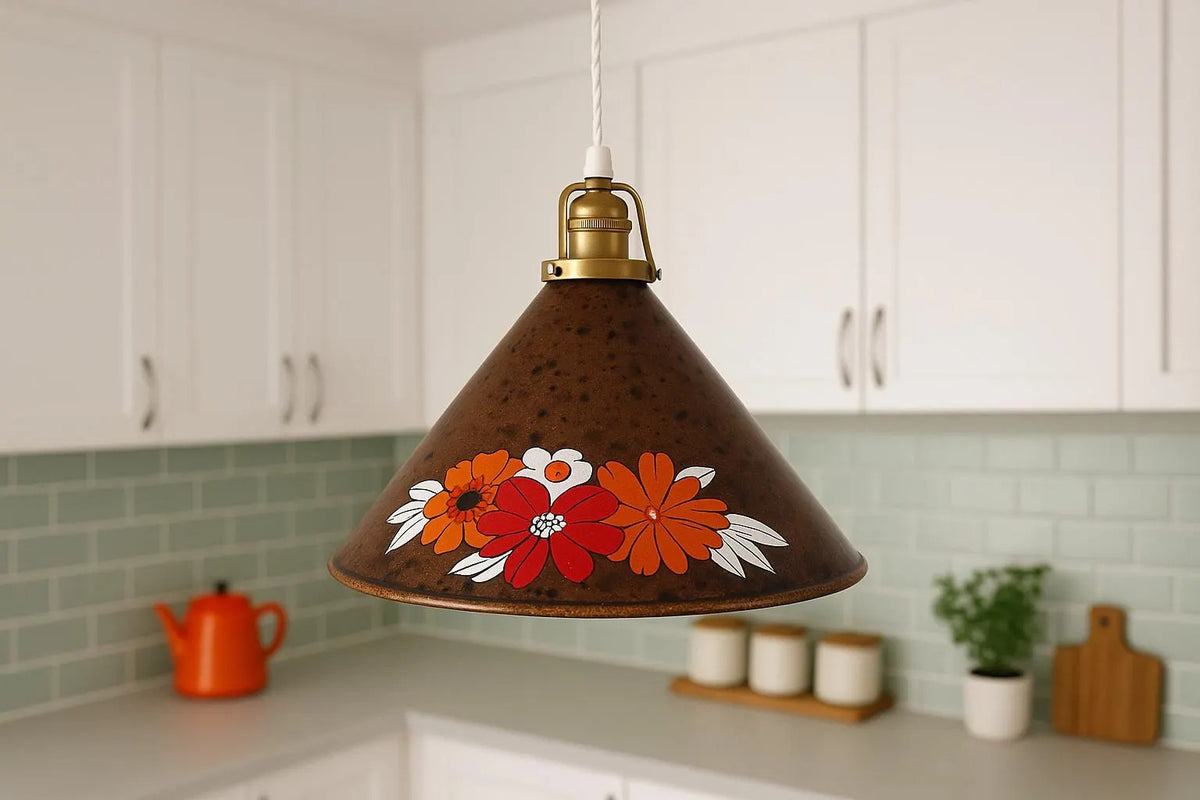 Vintage Enamel Hanging Lamp: Scandinavian Floral Pendant Light — vintage Scandinavian mid-century lamp, handmade in Sweden (view 2)