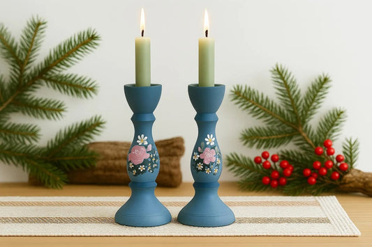 Vintage Hand-Painted Blue Wooden Candlesticks - Swedish Folk Art Decor - Pair with floral motifs, timeless charm, authentic vintage Scandinavian decor.