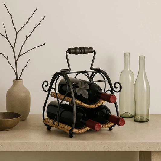 Vintage Metal and Rattan 3 Bottles Wine Rack with Grape Leaves Decoration/Metal and Wicker 3 Bottles Wine Holder Rack/Countertop Wine Rack displayed on table