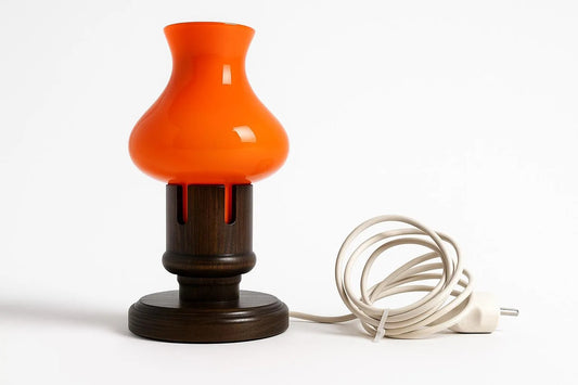 Vintage Erik Höglund Table Lamp – Orange Cased Glass & Pine, Marksöjd Boda, Sweden c. 1970 with coiled white cord
