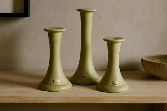Vintage Guldkroken Hjo Sweden Olive Green Ceramic Candle Holders – Set of 3 with timeless charm, authentic vintage Scandinavian mid-century modern design