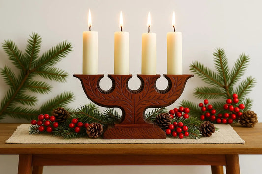 Hand Carved Pine Candle Holder: Swedish Folk Art, Bengt Larsson with lit candles and vintage Scandinavian décor, timeless charm
