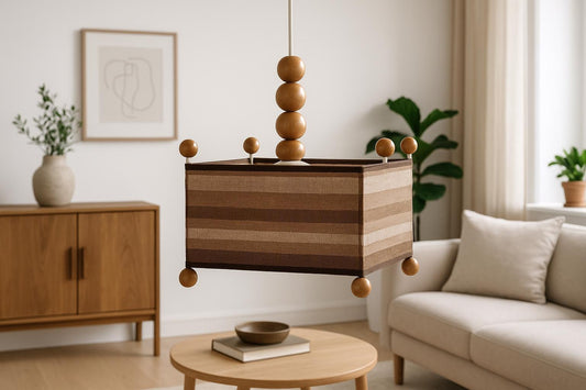 1970s Scandinavian Pendant Lamp – Pine Wood & Textile Shade with authentic vintage charm in mid-century modern living room setting