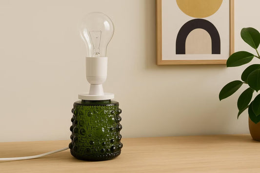 Mid-Century Modern Art Glass Table Lamp – Fåglavik, Sweden, 1970s with textured green glass base on wooden surface