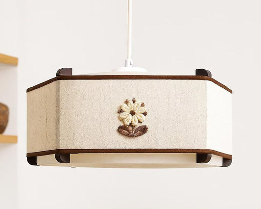 Mid-Century Scandinavian Pendant Lamp – 1970s Striped Fabric Ceiling Light, Danish Retro Textile Shade with flower embroidery