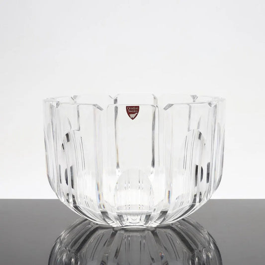 Signed Gunnar Cyrén Orrefors Crystal Bowl: ASEA 100 Year Limited Edition Art Glass on black reflective surface with clear geometric design.